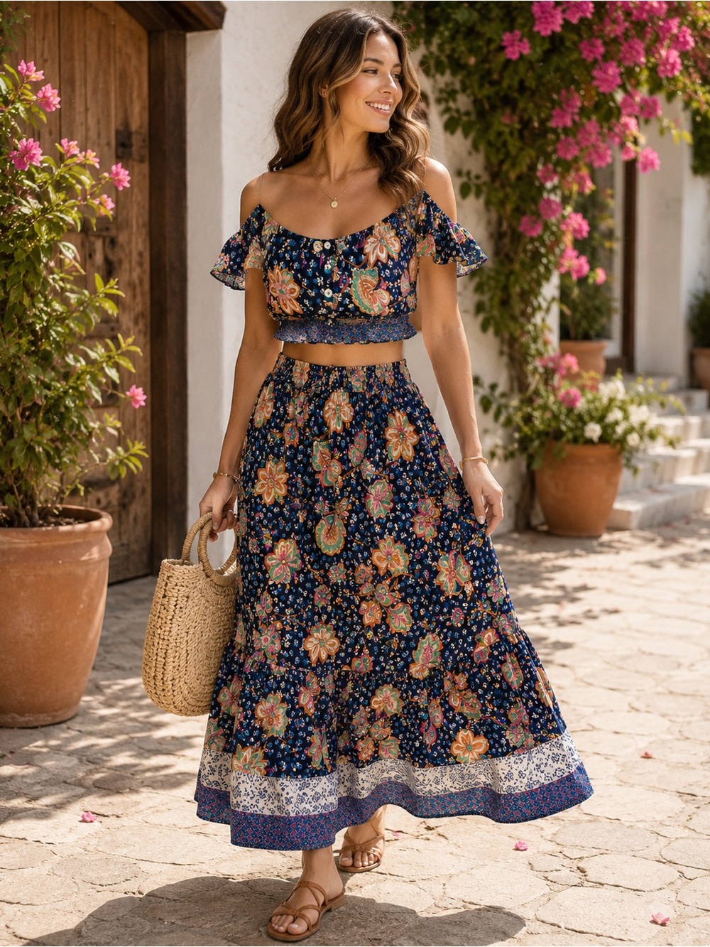 Rusttydustty Boho Two Piece Rayon Crop Top & Maxi Skirt Set Small